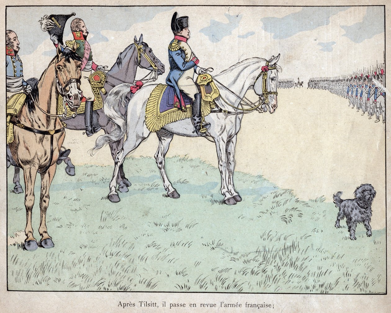 Apres Tilsit – Napóleon áttekinti a francia hadsereget a Tilsiti Szerződések aláírása után, 1807. július 7. – Job (Jacques Onfroy de Breville) litográfiája a „Le Grand Napoleon des Petites Enfants”-ból” 1893. alkotó: pseudonym for Onfray de Breville Jacques Job