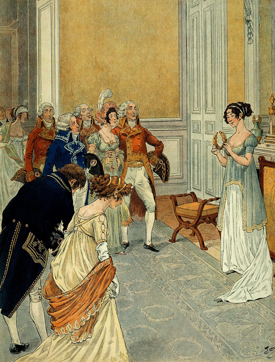 A Tuileriákban miniszterek, diplomaták és államtanácsosok távoztak a konzuloktól, akik meghirdették Marengo győzelmét (az első olasz hadjárat (1796-1797)), hogy gratuláljanak Josephine de Beauharnais-nak (1763-1814), ő babérkoszorút tart. alkotó: pseudonym for Onfray de Breville Jacques Job