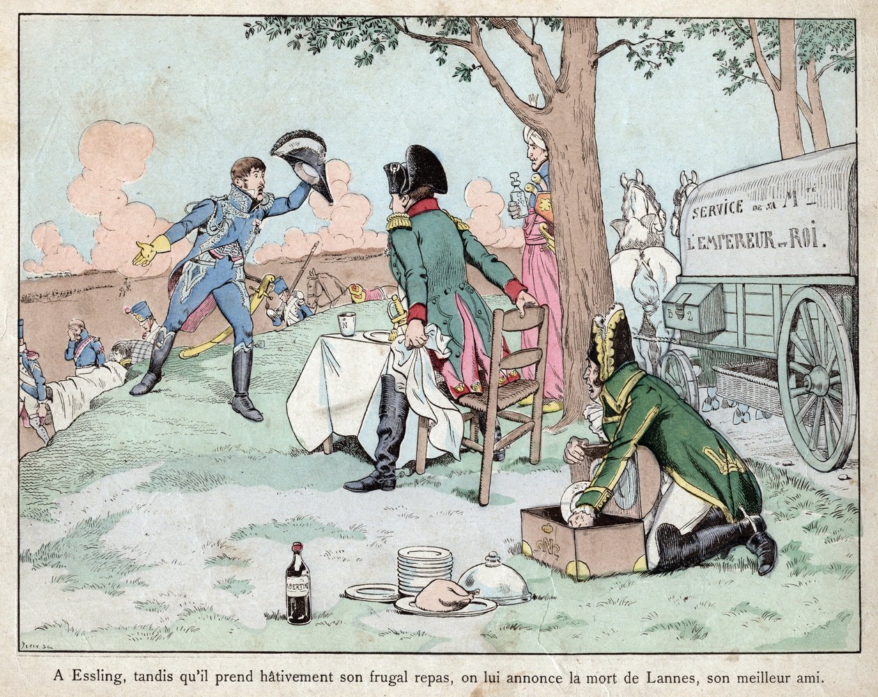 Aspern Esslingi csata – Napóleon hírt kap Lannes marsall 1809 haláláról – Aspern-Essling csata – Napóleon hírt kap Lannes marsall haláláról – Job (Jacques Onfroy de Breville) litográfiája a „” Le Grand Napoleon des Petites”-től alkotó: pseudonym for Onfray de Breville Jacques Job