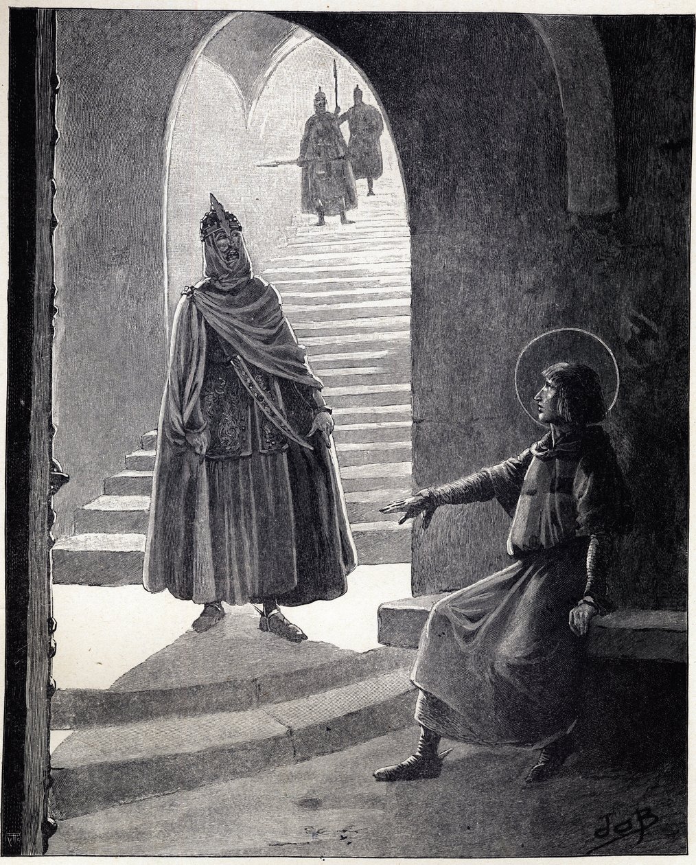 Légy keresztény, lovaggá teszlek IX. Lajos szavait mondta Szent Lajos (1214-1270) egy hajdinafőnöknek, aki azért lépett be a börtönbe, hogy lovaggá tegye magát. Illusztráció Jobról (Jacques Marie Gaston Onfray és Breville) (Jacques-Marie) (1858-1931) a t alkotó: pseudonym for Onfray de Breville Jacques Job