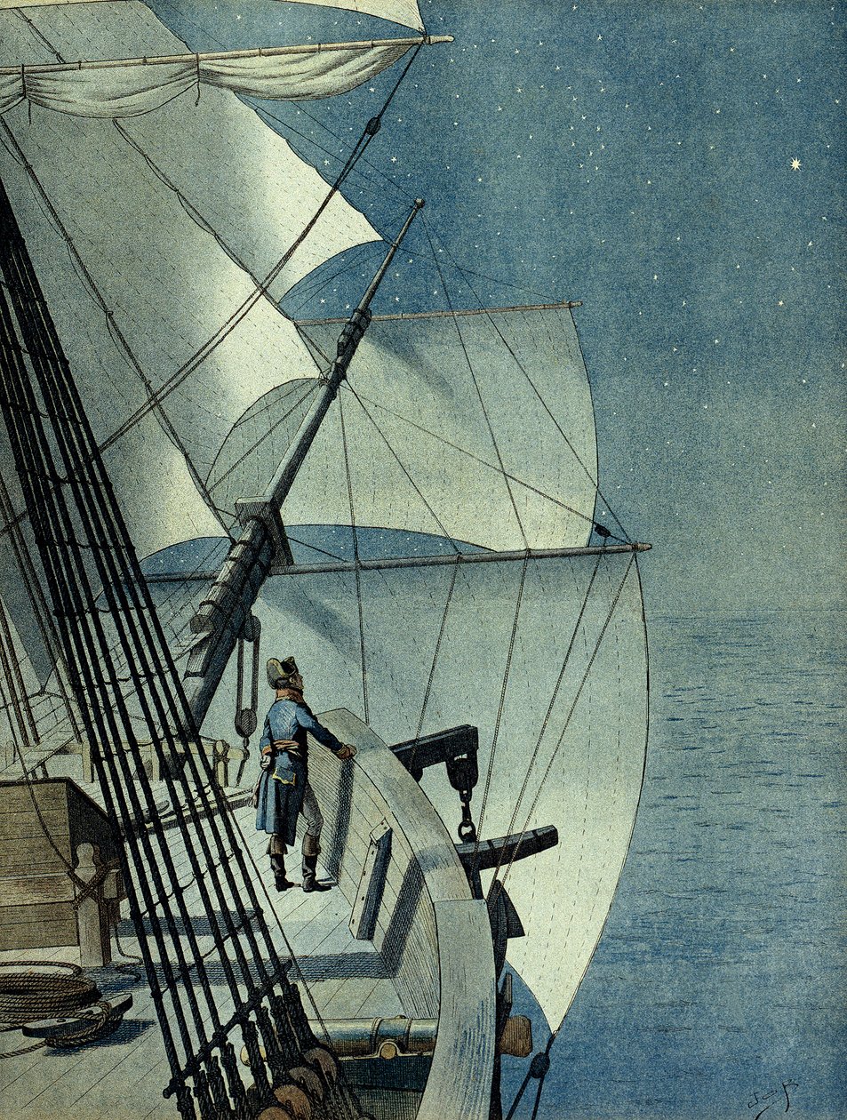 Egyiptom hadjárata (expedíciója) (1798-1801): visszatérés Alexandriából Egyiptomba a „La Muiron” fregatton, I. Bonaparte Napóleon (1769-1821) egyedül a hajó hídján szemléli éjszaka a Földközi-tengert alkotó: pseudonym for Onfray de Breville Jacques Job