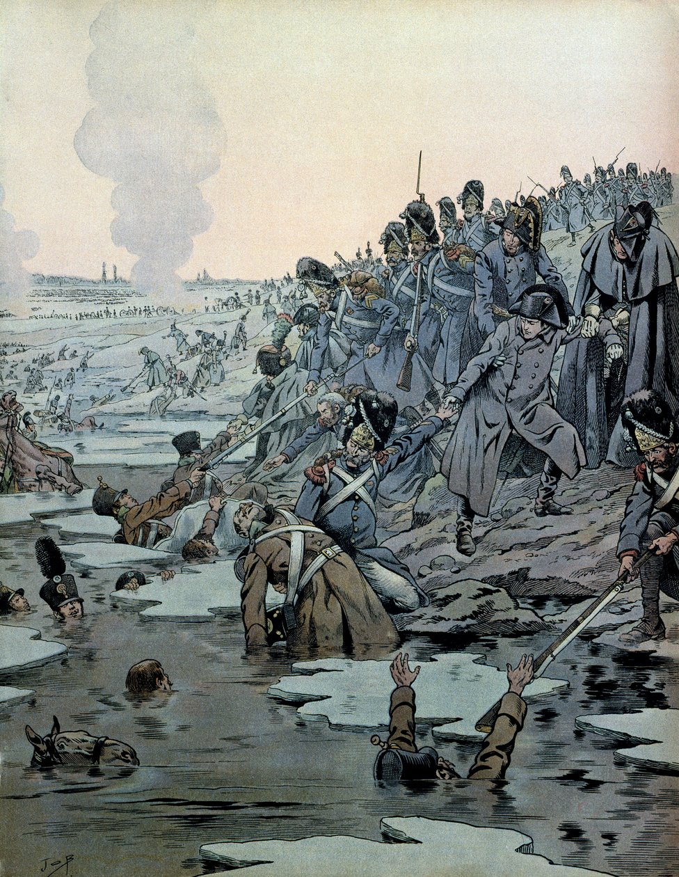Ausztria hadjárata (1805): Az austerlitzi csata után I. Bonaparte Napóleon (1769-1821) és katonái december 2-án mentették ki az oroszokat a jeges tavakból. alkotó: pseudonym for Onfray de Breville Jacques Job