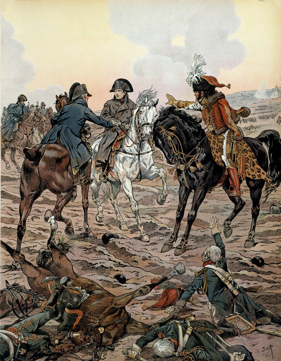 Ausztria hadjárata (1805): Az ulmi csatában (1805. október 15. és 17. között) Louis Alexandre (Louis-Alexandre) Berthier (1753-1815) és Joachim Murat (1767-1815) arra kérte a császárt, hogy távolodjon el csatatér a biztonságáért - In „” Napoleon” by alkotó: pseudonym for Onfray de Breville Jacques Job