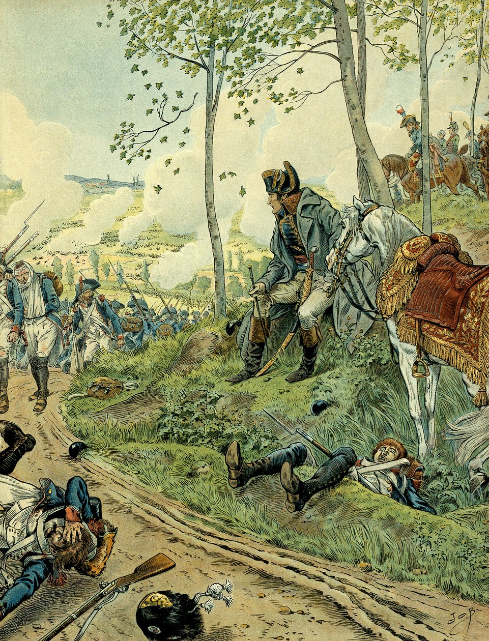 Olaszország hadjárata (1799-1800): I. Bonaparte Napóleon (1769-1821) a marengói csatában 1800. június 14-én Piemontban (Olaszország), szembeszállva a napóleoni és osztrák seregekkel. Illusztráció: Jacques Marie Gaston Onfray de Breville a JOB-ban (1858-193 alkotó: pseudonym for Onfray de Breville Jacques Job