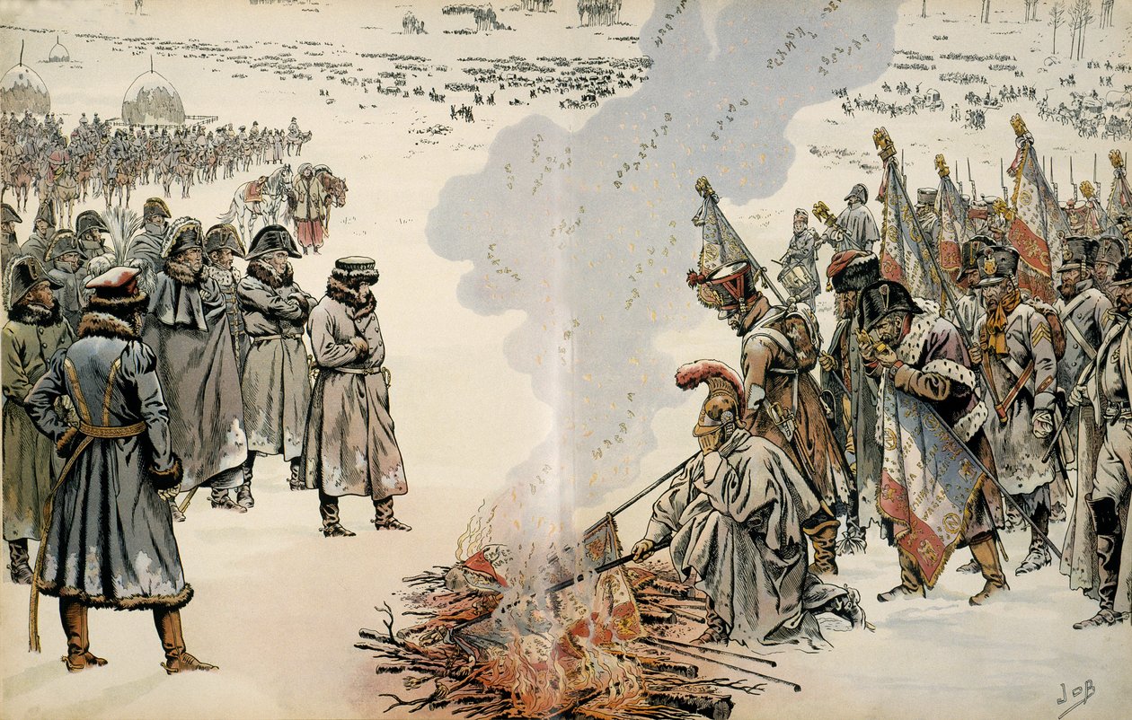Oroszország hadjárata (1812): Oroszország visszavonulása során I. Bonaparte Napóleon (1769-1821) zászlókat és sasokat égetett el, nehogy az ellenség átvegye őket. Georges Montorgueil „” Napóleon” című művében. Illusztráció: Jacques Marie Gaston Onfray alkotó: pseudonym for Onfray de Breville Jacques Job
