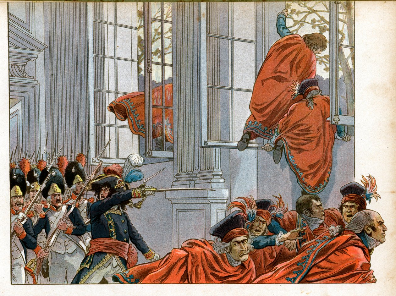 Konzulátus: Joachim Murat (1767-1815) 50 emberrel belép az Ötcentes Tanács (Ötcentes) Kamrájába (az 500-asok termébe), hogy kiűzze a szenátorokat a 18-as köd puccsa idején (9/11. /1799) amely megszüntette a választmányt és megszületett a alkotó: pseudonym for Onfray de Breville Jacques Job