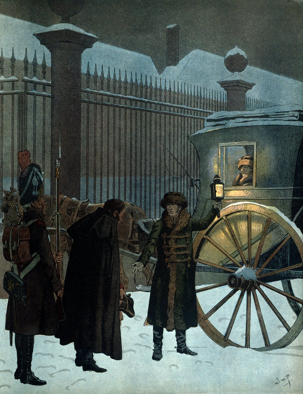 Legyőzte az orosz hadjáratot, és visszatért Párizsba: I. Bonaparte Napóleon (1769-1821) szedánban 1812. december 18-án, az orosz visszavonulás után este 11 órakor érkezett meg a tuilériákhoz. Georges Montorgueil „” Napóleon” című művében. Illusztráció: J alkotó: pseudonym for Onfray de Breville Jacques Job