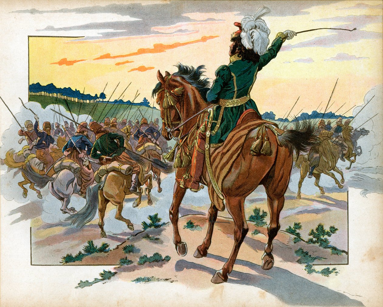 Az orosz hadjárat során Joachim Murat (1767-1815) egyedül tört előre a kozákok ellen, és egyedüli jelenlétével hátráltatta őket. Jacques Marie Gaston metszet, Onfray de Breville dit Job (1858-1931) alkotó: pseudonym for Onfray de Breville Jacques Job