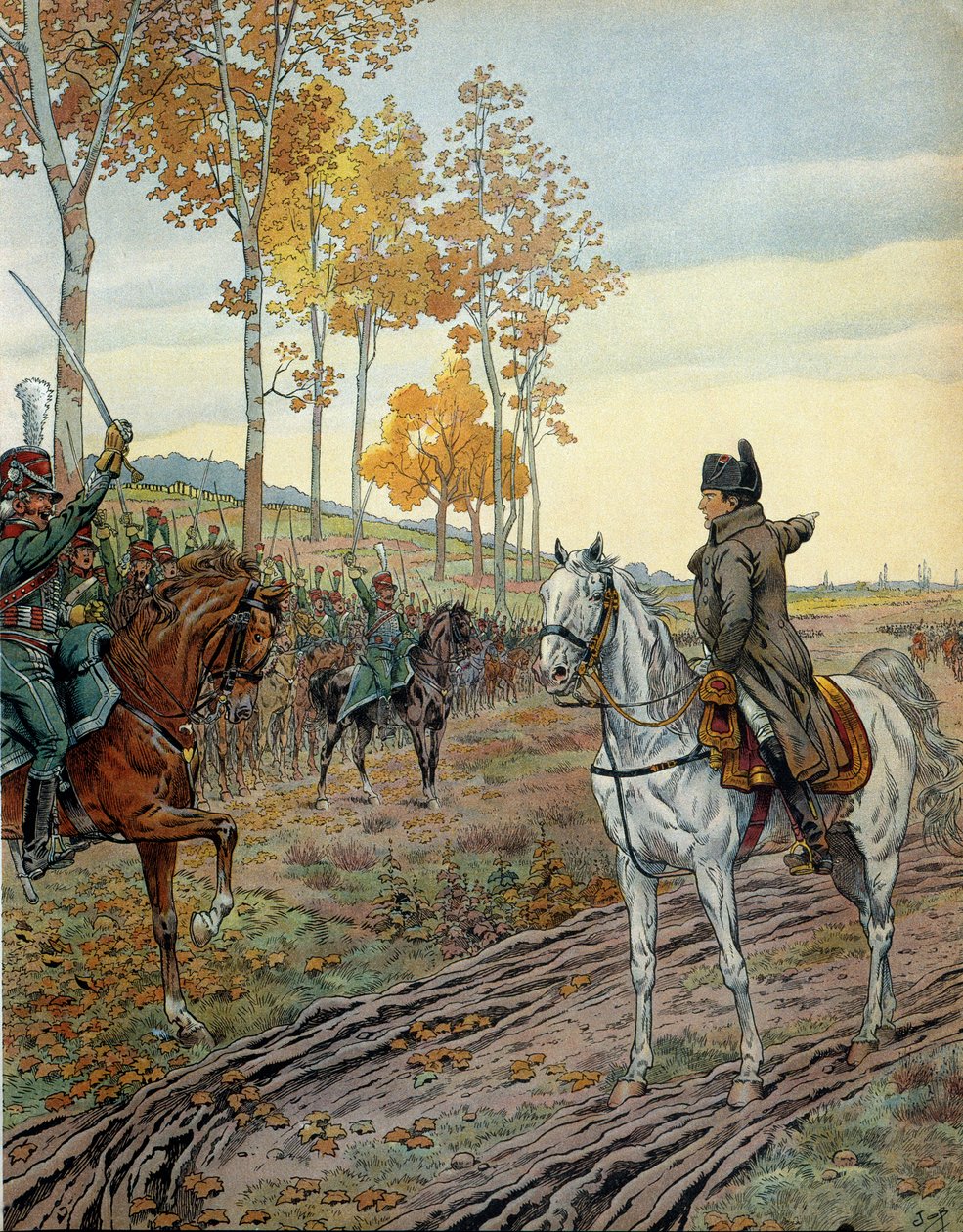 I. Bonaparte Napóleon császár (1769-1821) 1806-ban a poroszországi (Németország) hadjárat során, az 1806. október 14-i ienai csata előtt a második lovasvadász ezredet szorgalmazta. Georges Montorgueil „” Napóleon” című művében. Illusztráció: Jacques Marie alkotó: pseudonym for Onfray de Breville Jacques Job