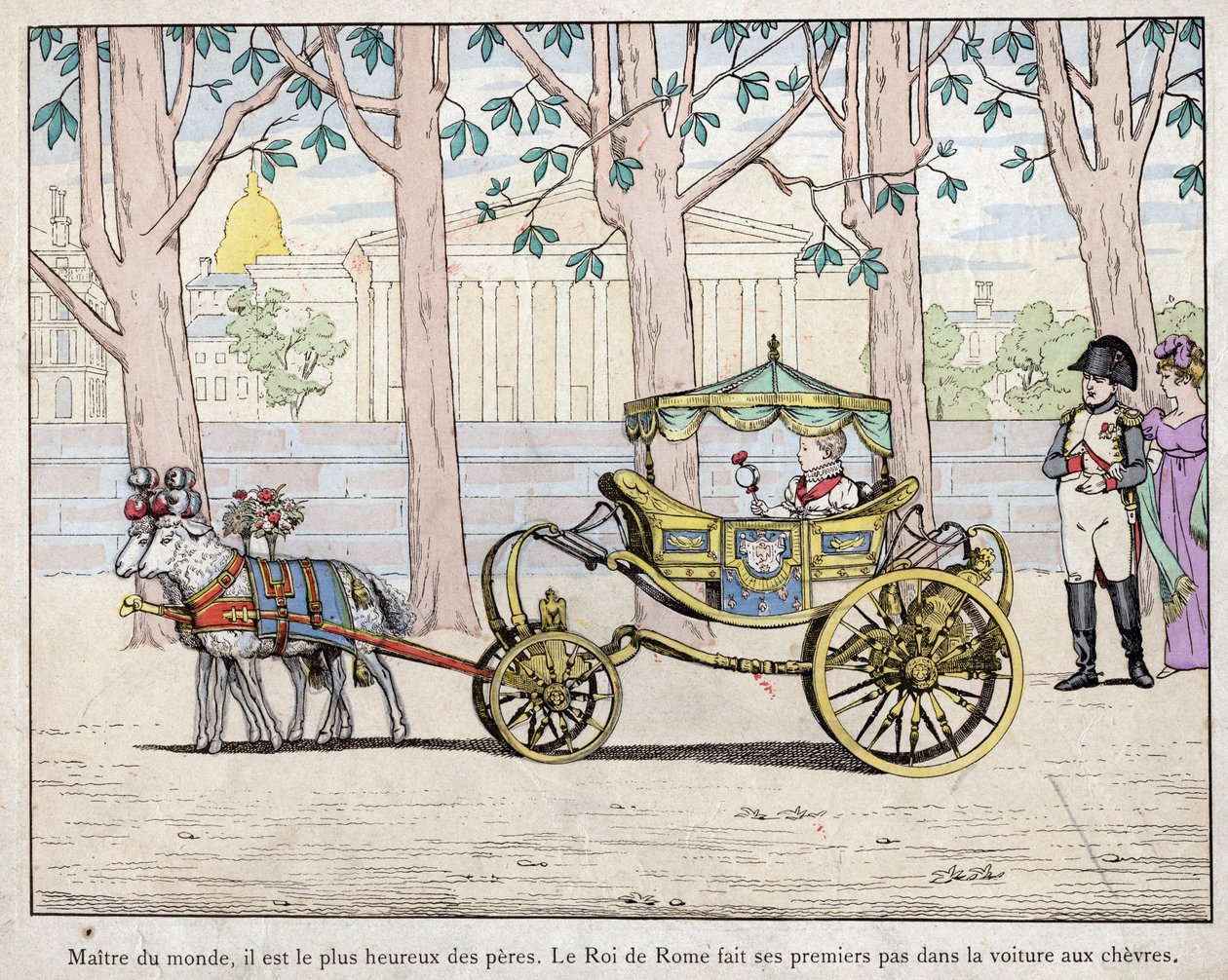 I. Napóleon Bonaparte császár (1769-1821) fiával, Napóleon herceggel, Francois Charles Joseph Bonaparte-szal, aki Róma királyává vált II. Napóleon, akit később Aiglonnak is neveztek – Napóleon nézi, ahogy Olaszország királya (II. Napóleon) megteszi első lé alkotó: pseudonym for Onfray de Breville Jacques Job