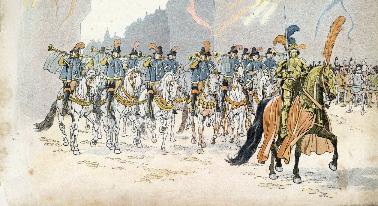 VI. Károly király (1368-1422) párizsi főbeszéde harminc trombitát kísér. „” Franciaországban, története G. Montorgueil, imagee Job””” 1896. Magángyűjtemény. alkotó: pseudonym for Onfray de Breville Jacques Job