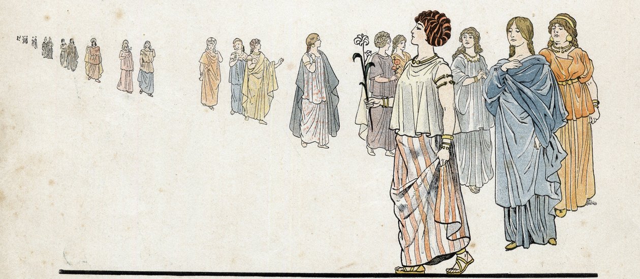 Femmes des „”szabad férfiak”” (szabad polgárok), akik vállán kapcsos ruhát viselnek, karjukon nehéz ékszereket viselnek. „” Franciaországban, története G. Montorgueil, imagee Job””” 1896. Magángyűjtemény. alkotó: pseudonym for Onfray de Breville Jacques Job