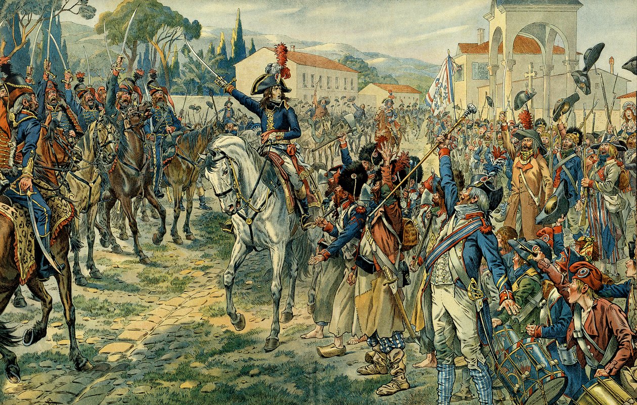Az első olasz hadjárat (1796-1797): I. Bonaparte Napóleon (1769-1821) 1796. március 27-én áttekintette az olasz hadsereget Nizzában. Illusztráció: Jacques Marie Gaston Onfray de Breville dit JOB (1858-1931). Magángyűjtemény alkotó: pseudonym for Onfray de Breville Jacques Job