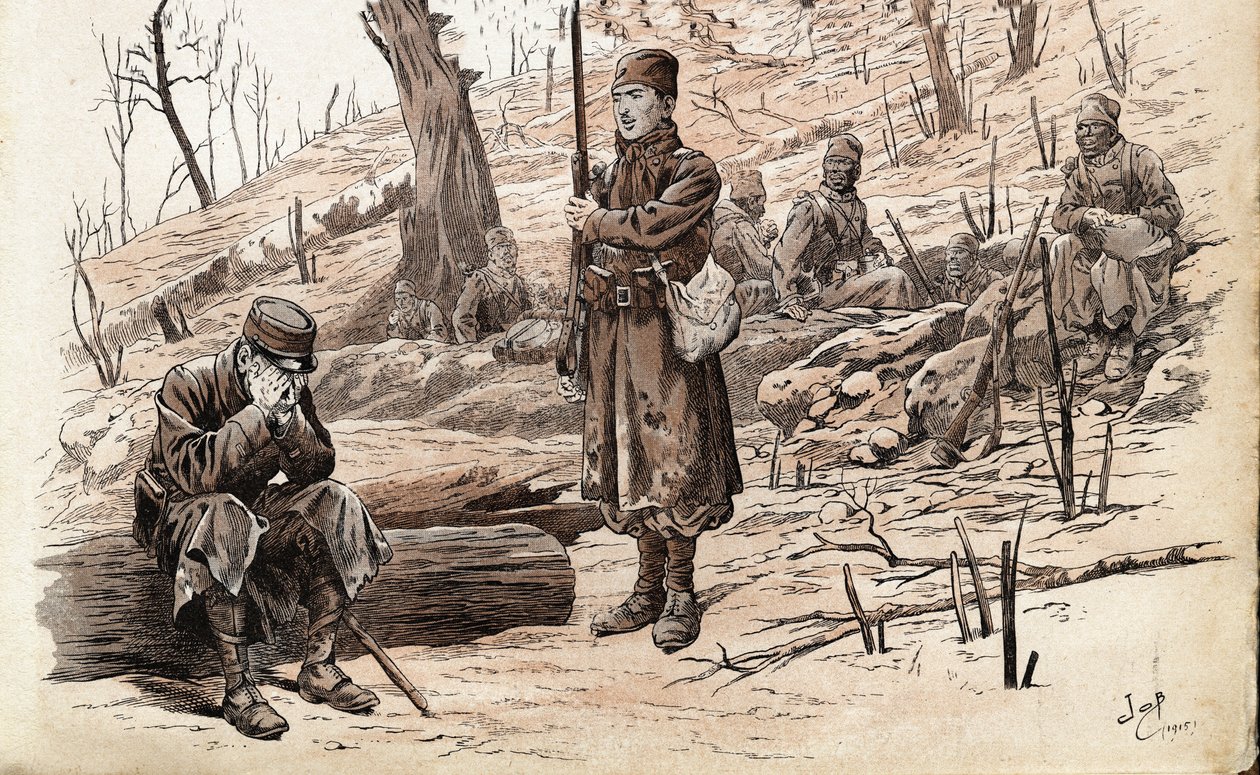 Első világháború 1914-1918: A francia hadsereg gyalogos katonája és szenegáli tirailleurai. Illusztráció Jobról (Jacques Marie Gaston Onfray és Breville) (Jacques-Marie) (1858-1931) a „Les grands mots historique du pays de France” című könyvhöz, 1915. Pri alkotó: pseudonym for Onfray de Breville Jacques Job