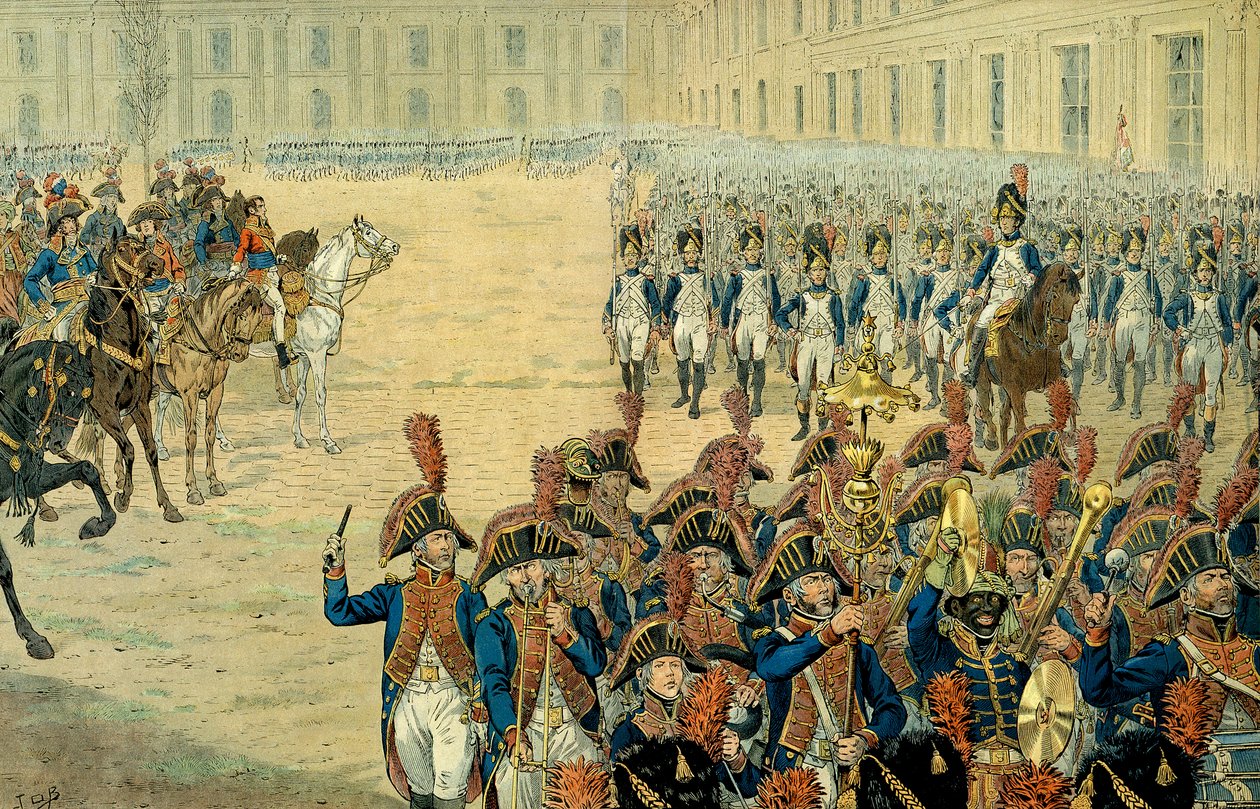 I. Bonaparte Napóleon (1769-1821) első áttekintése a konzuli őrségről a Tuileriák udvarában. Az alkotmány 1800-as elfogadása után a kormány elhagyta Peer-Luxemburgot, hogy a Tuileriákban telepedjen le. Telepítésének napján a Fi alkotó: pseudonym for Onfray de Breville Jacques Job
