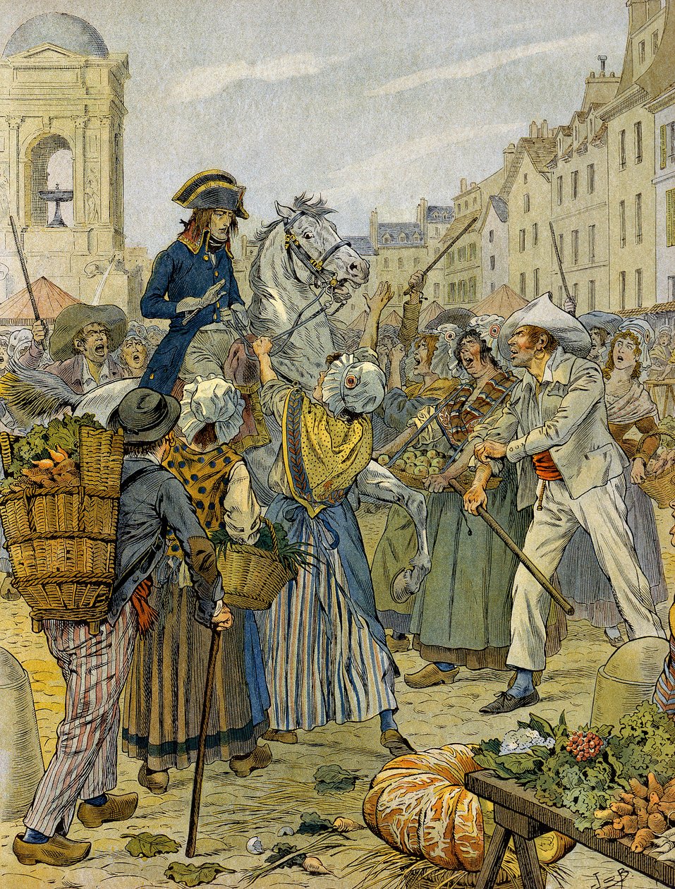 1789-es francia forradalom: I. Bonaparte Napóleon (1769-1821) a forradalmi lakosság oldalára állt, és bugyi nélkül (bugyi nélkül) Les Hallesben. Illusztráció: Jacques Marie Gaston Onfray de Breville a JOB-ban (1858-1931). Magángyűjtemény alkotó: pseudonym for Onfray de Breville Jacques Job