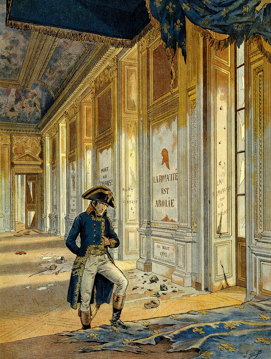 Az 1789-es francia forradalom: I. Bonaparte Napóleon (1769-1821) a Tuileries-palota tróntermében, miután a forradalmárok elvonultak, akik feldúlták a helyet. A falon ez áll: „A királyság megszűnt.” Illusztráció: Jacques Marie Gaston Onfray alkotó: pseudonym for Onfray de Breville Jacques Job