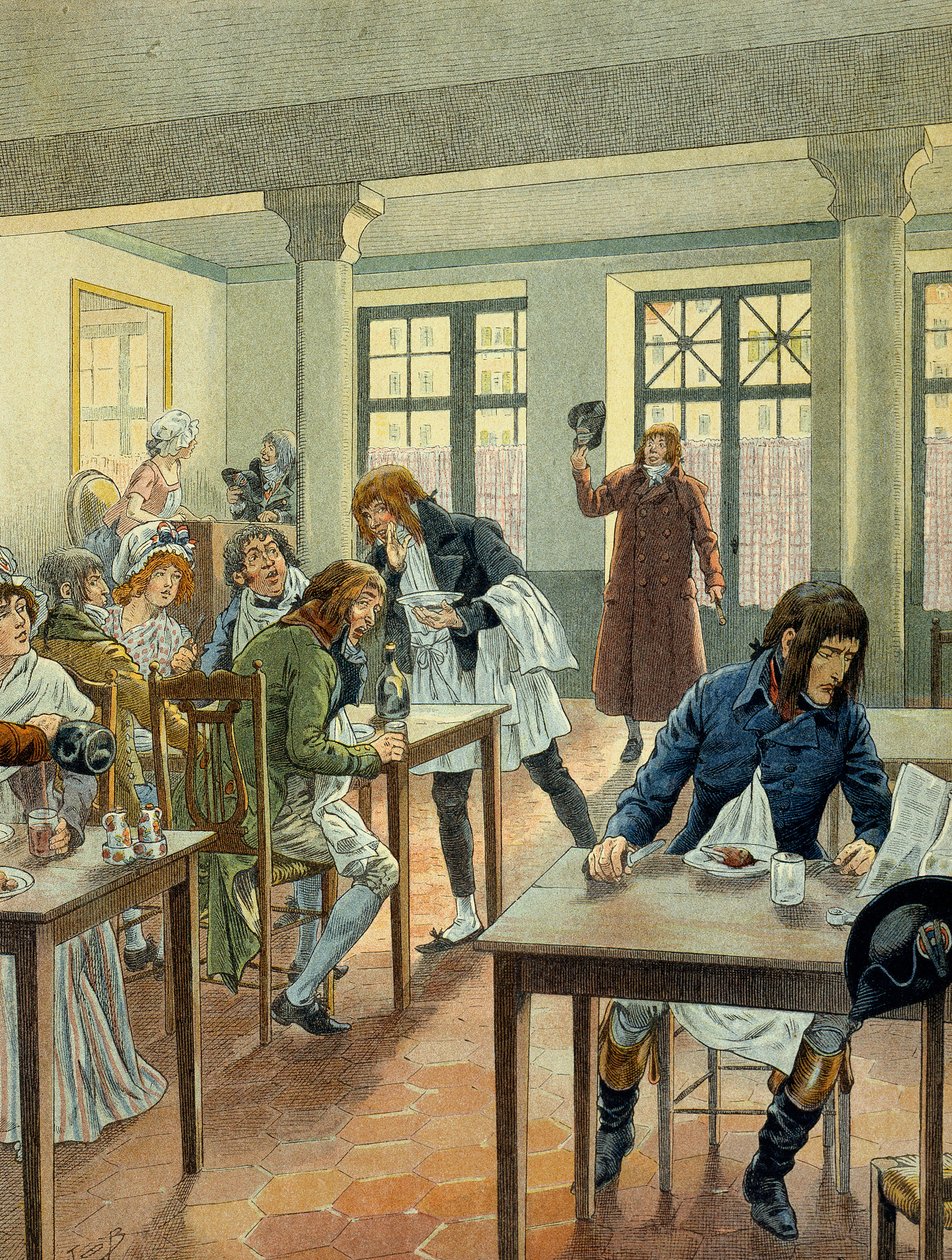 Az 1789-es francia forradalom: I. Bonaparte Napóleon (1769-1821) fiatalon a párizsi rue des petits peres (Petits-Peres) gargotier Justat-ban, egyetlen ételre csökkentve, amiért 6-ot fizetett az adag alatt. Illusztráció: Jacques Marie Gaston Onfray de alkotó: pseudonym for Onfray de Breville Jacques Job