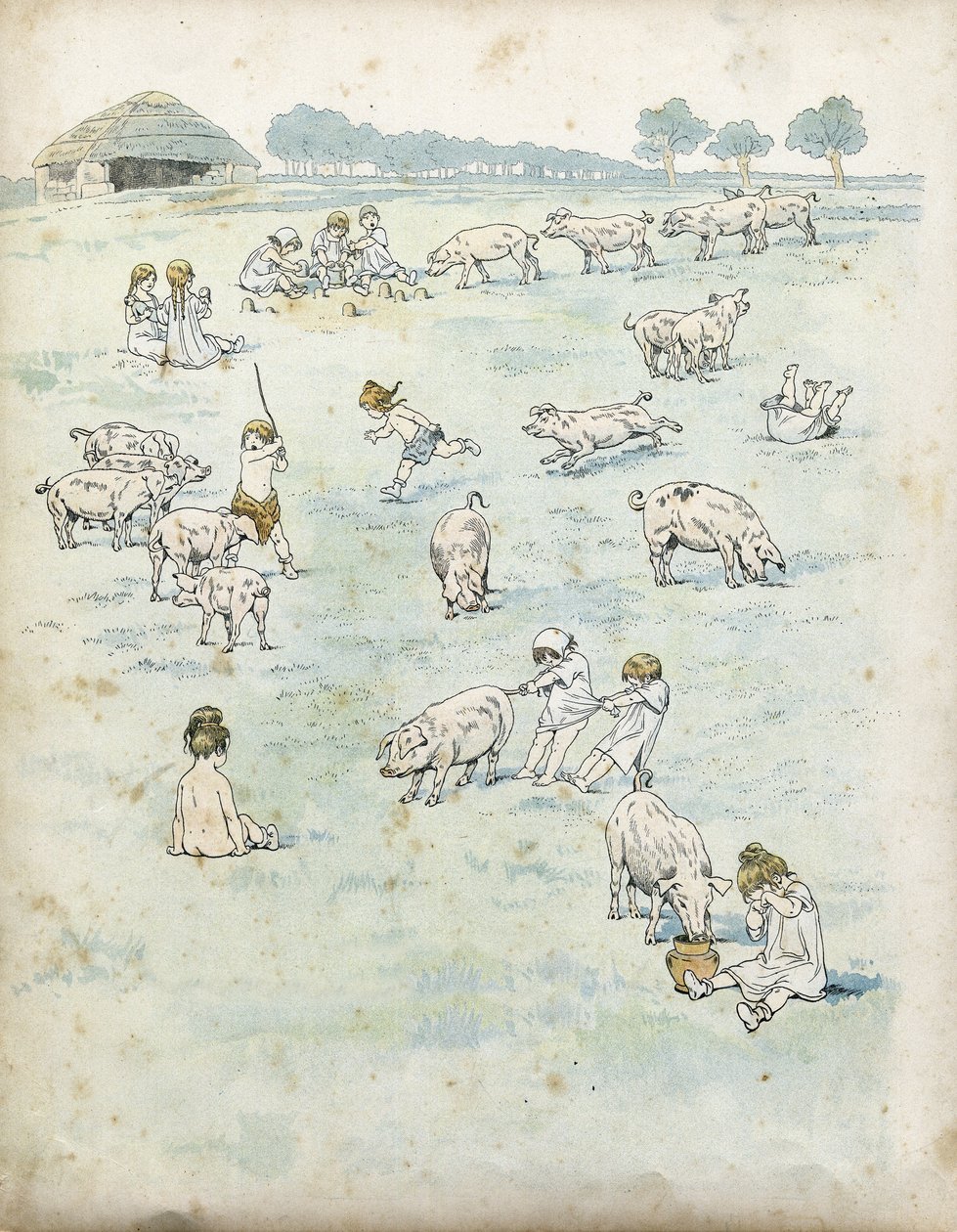 Gall gyerekek sertésekkel játszanak a mezőn. „” Franciaországban, története G. Montorgueil, imagee Job””” 1896. Magángyűjtemény. alkotó: pseudonym for Onfray de Breville Jacques Job