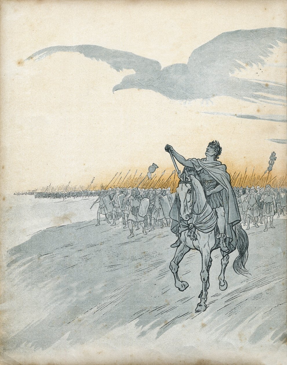 Gallia háború: Gaius Julius Caesar (akkor Jules cesar) (Kr. e. 100-44) és serege megszállja Galliát. Az égen megjelenik egy sas árnyéka, a Római Birodalom szimbóluma. a „Franciaországban, G. Montorgueil által elmondott története, Job képével”” 1896. Magáng alkotó: pseudonym for Onfray de Breville Jacques Job