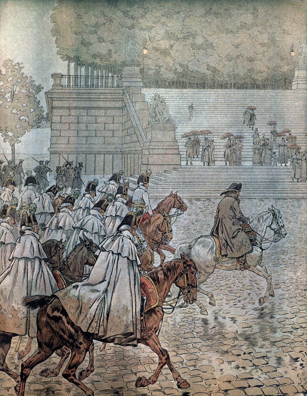 Német hadjárat 1813-ban: I. Bonaparte Napóleon (1769-1821) és vezérkara (Staff) visszatért Drezdába, miután augusztus 26-án és 27-én megnyerték a csatát. Georges Montorgueil „” Napóleon” című művében. Illusztráció: Jacques Marie Gaston Onfray de Breville,  alkotó: pseudonym for Onfray de Breville Jacques Job
