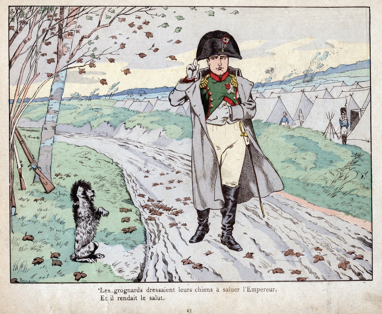 Grognardok (Bonaparte Napóleon régi gárdája) kiképezték kutyáikat, hogy tisztelegjenek a császár előtt – Job (Jacques Onfroy de Breville) litográfiája a „Le Grand Napoleon des Petites Enfants” című filmből, 1893 alkotó: pseudonym for Onfray de Breville Jacques Job