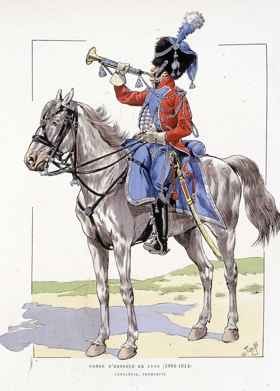 Lyon díszőrsége 1804-től 1814-ig, trombitalovas - a „Hue des troupes de France” című művében, ill. de Job alkotó: pseudonym for Onfray de Breville Jacques Job