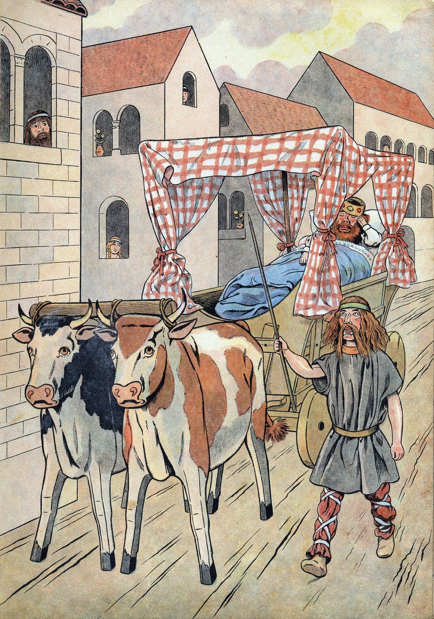 Franciaország története. Lusta királyokat ábrázoló jelenet játékokban: III. Thierry francia király (673-691) ökrök által húzott ágyú tankban hord. A „Joujoux a l
