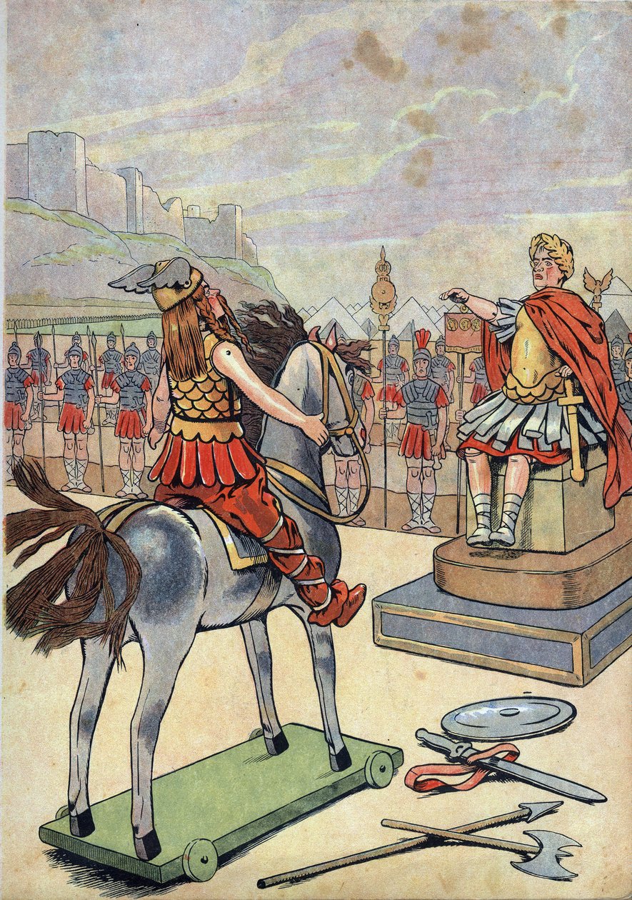 Franciaország története. Római Gallia jelenete játékokkal: Vercingetorix gall vezető (Kr. e. 72-46) Jules Cesar (Kr. e. 100-44) római főnökhöz megy a Kr.e. 52-ben vívott alesia csata után. a „Játsszunk történelmet: Franciaország két kis francia Joujoux-jáv alkotó: pseudonym for Onfray de Breville Jacques Job