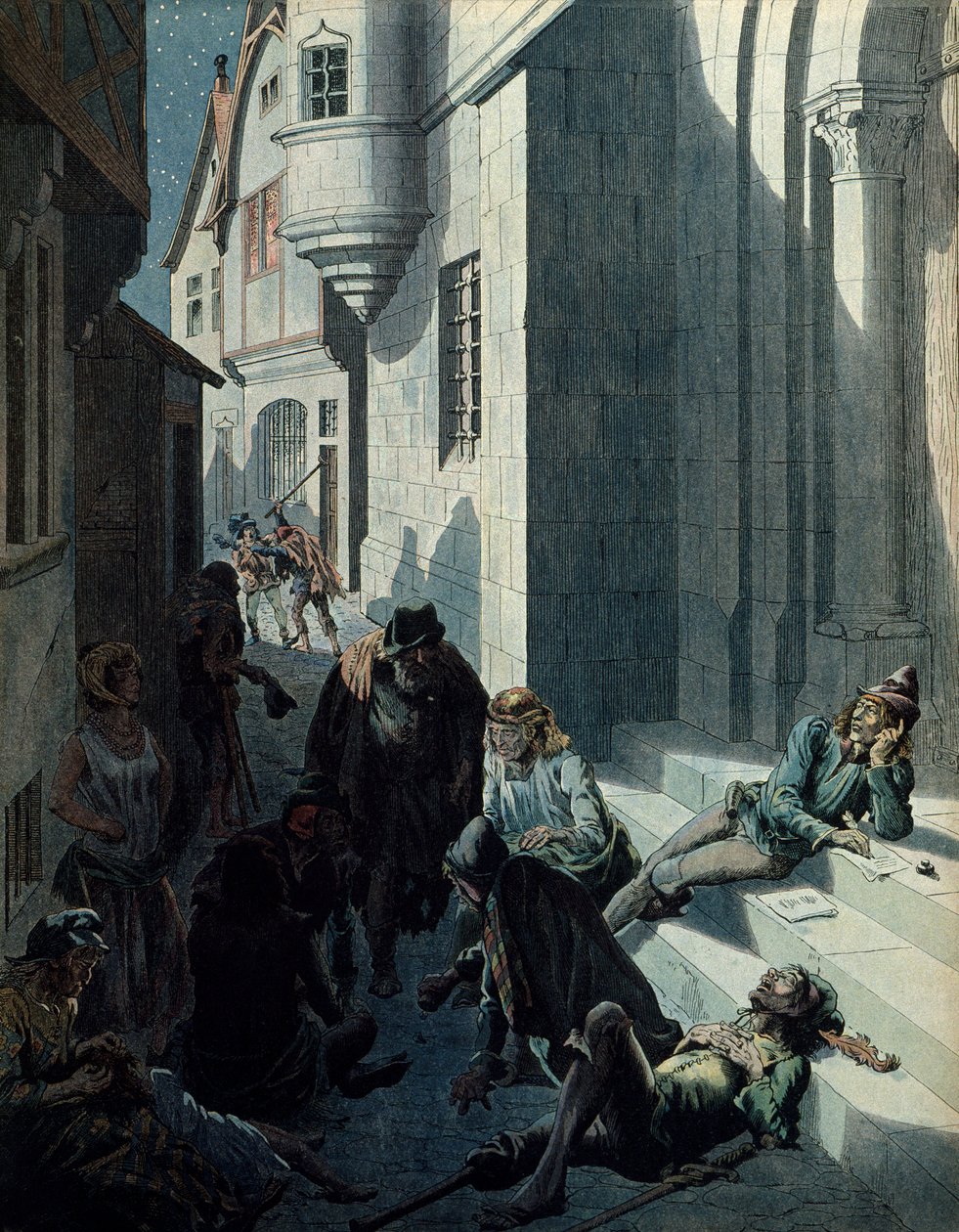 Franciaország története a középkorban (középkor): Francois de Montcorbier, Francois Villon (1431-1463?) költő, Párizs utcáinak nyomorúságában komponálja műveit. Illusztráció: Jacques Marie Gaston Onfray de Breville a JOB-ban (1858-1931) alkotó: pseudonym for Onfray de Breville Jacques Job