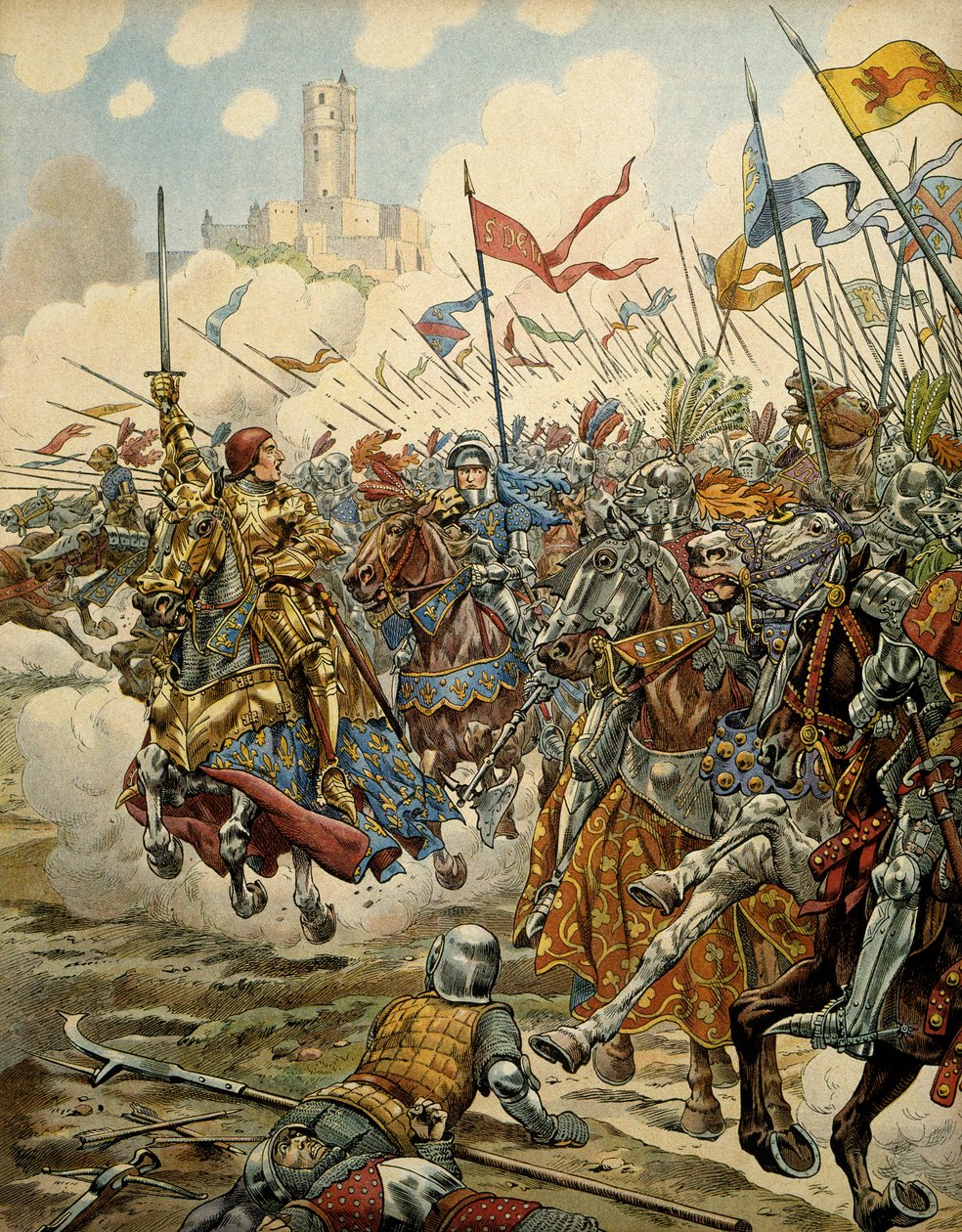 Franciaország története a középkorban (középkor): XI. Lajos király a Prudenteket (1423-1483) nevezte serege élén a Ligue du Bien Public elleni montlery-i csatában, július 16-án. alkotó: pseudonym for Onfray de Breville Jacques Job