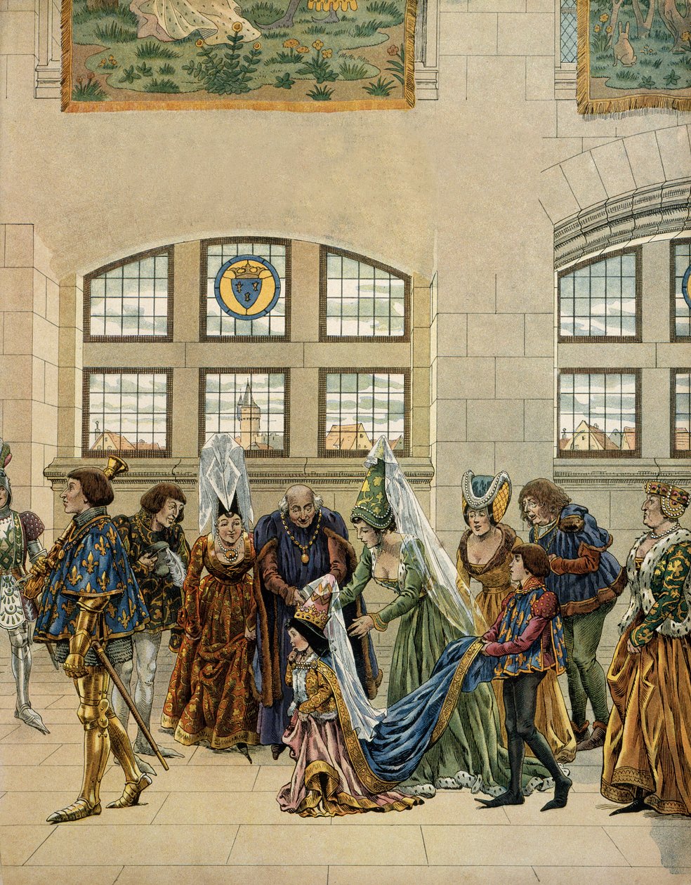 Franciaország története a középkorban (középkor): Marguerite, Ausztria főhercegnője (1480-1530), Habsburg Maximilian lánya, a Dauphin kis menyasszonya belépett a francia udvarba, hogy jelen legyen a delfinnek (aki lett) francia király C alkotó: pseudonym for Onfray de Breville Jacques Job