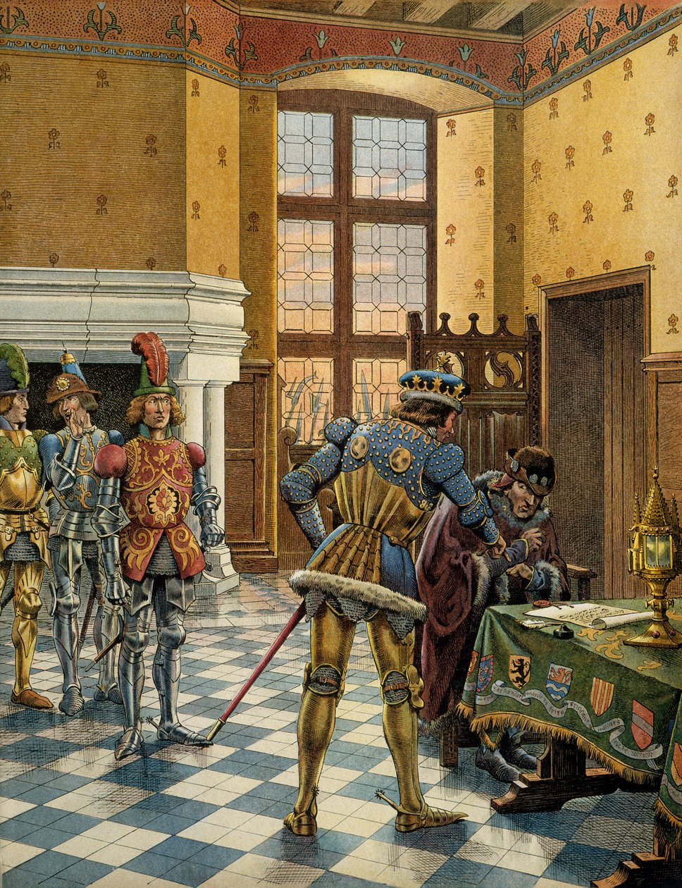 Franciaország története a középkorban (középkor): Peronne 1468. október 9. és 14. között készült interjúja XI. Lajos király között azt mondta, hogy a körültekintő (1423-1483) és Károly, Temeraire (1433-1477) Jacques Marie Gaston illusztrációja, Onfray of B alkotó: pseudonym for Onfray de Breville Jacques Job