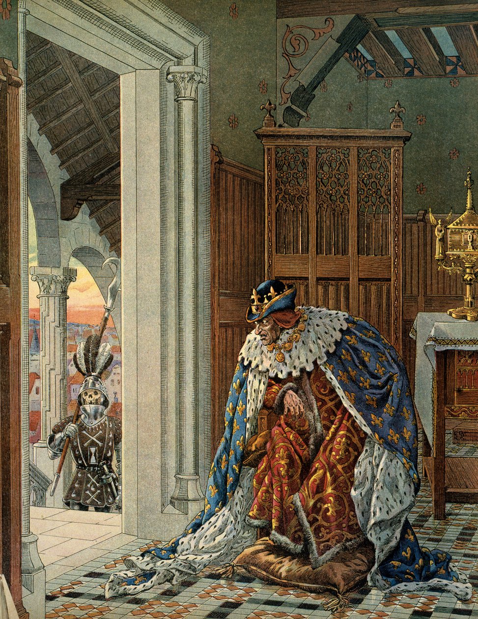 Franciaország története a középkorban (középkor): XI. Lajos francia király azt mondja, hogy az Óvatos (1423-1483) fél a páncélban a küszöbön álló haláltól. Illusztráció: Jacques Marie Gaston Onfray de Breville a JOB-ban (1858-1931) alkotó: pseudonym for Onfray de Breville Jacques Job