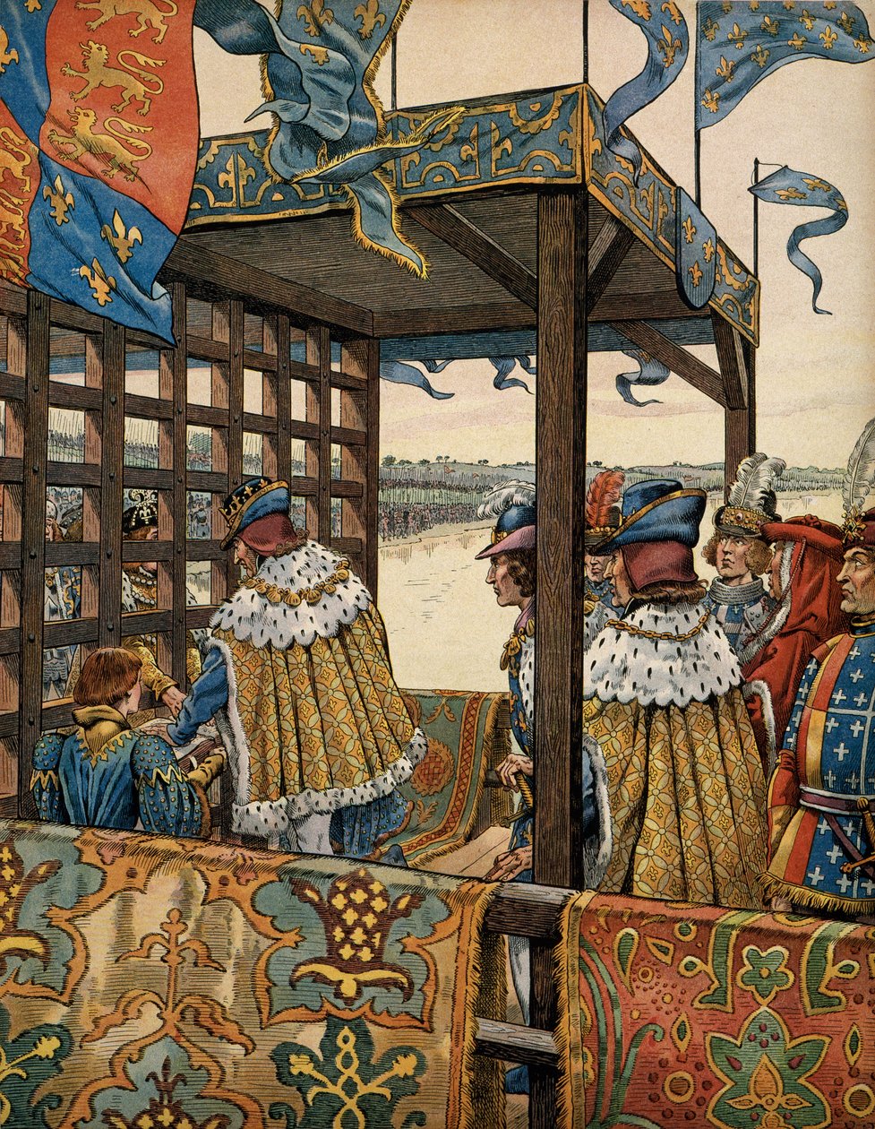 Franciaország története a középkorban (középkor): a Megfontolt (1423-1483) XI. Lajos francia király és az angol IV. Edward (1442-1483) találkozása Picquignyben a hétéves időszak aláírása céljából. augusztus 29-én alkotó: pseudonym for Onfray de Breville Jacques Job