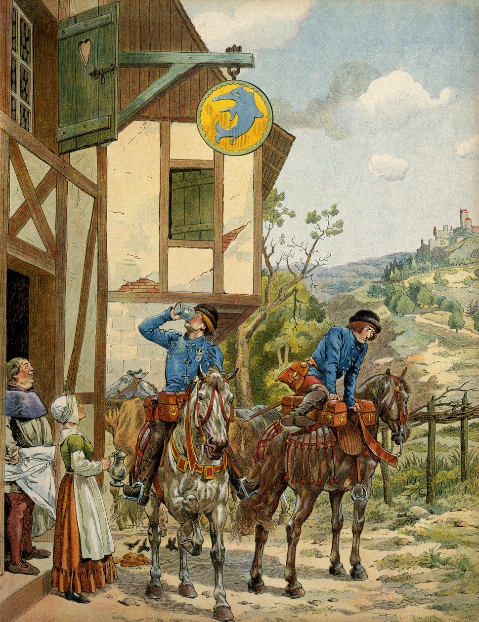 Franciaország története a középkorban (középkor): postaszolgálat XI. Lajos király uralkodása alatt, úgynevezett Prudent (1423-1483). Horseback Postaállomás egy fogadóban. Illusztráció: Jacques Marie Gaston Onfray de Breville a JOB-ban (1858-1931) alkotó: pseudonym for Onfray de Breville Jacques Job