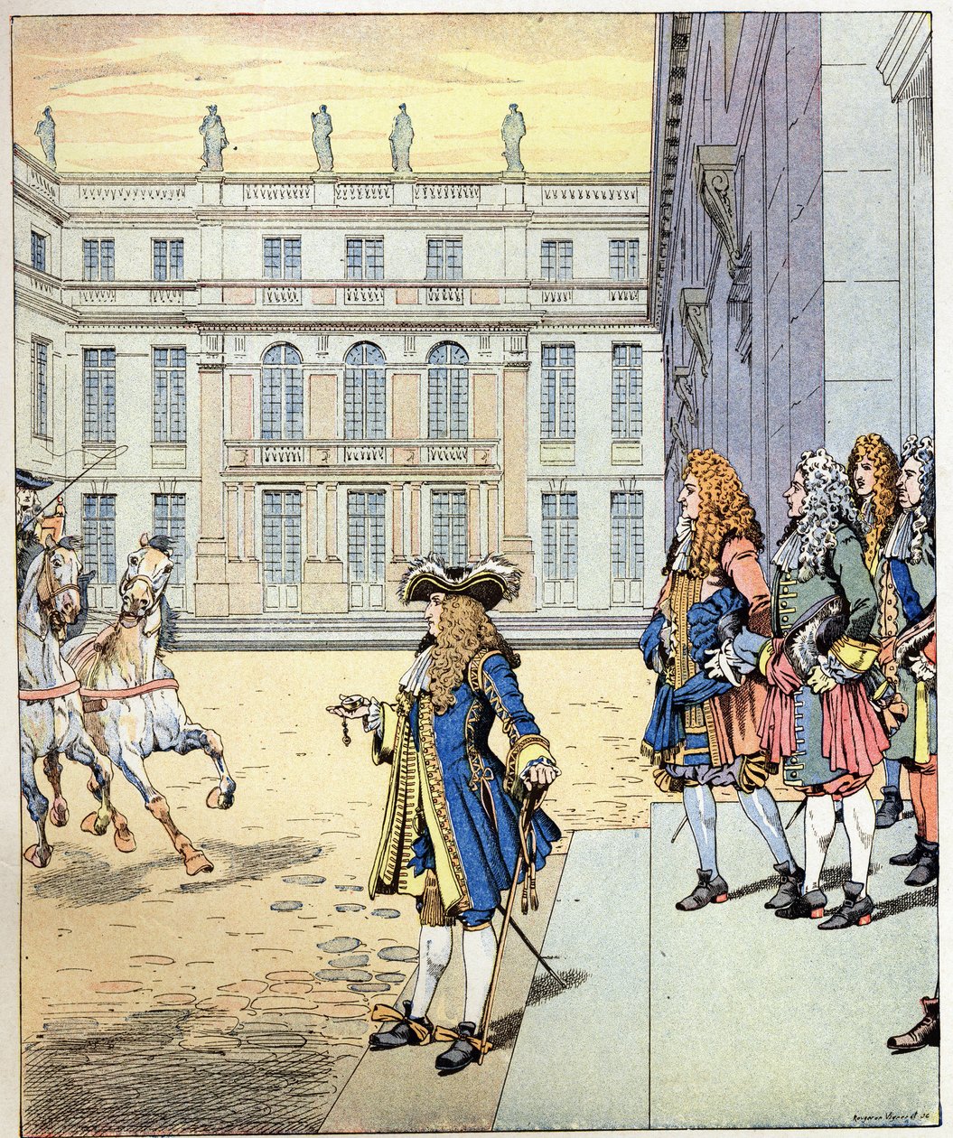 Már majdnem vártam! XIV. Lajos francia király szavai szerint Soleil király (1638-1715) a versailles-i kastély előtt beszélt, amikor karosszéi a pontos időben érkeztek. Illusztráció Jobról (Jacques Marie Gaston Onfray és Breville) (Jacques-Marie) alkotó: pseudonym for Onfray de Breville Jacques Job