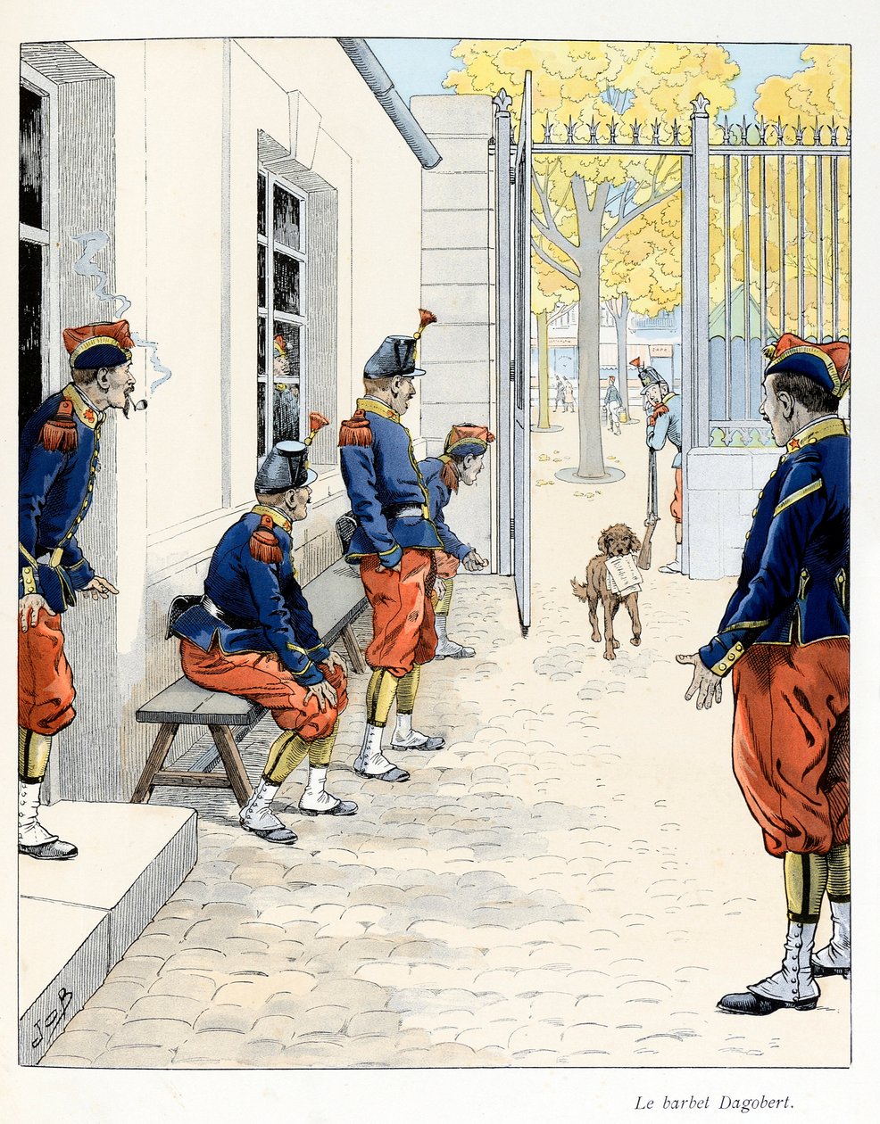 Illusztráció az „A la Glory des Betes” című könyvből, A Fabre szövege, Jacques Marie Gaston rajzai Onfray de Breville dit JOB (1858-1931), kiadó Maison Alfred Mame et fils: The Barbet Dagobert (egy párizsi laktanyában) ), Részleges gyűjtés alkotó: pseudonym for Onfray de Breville Jacques Job