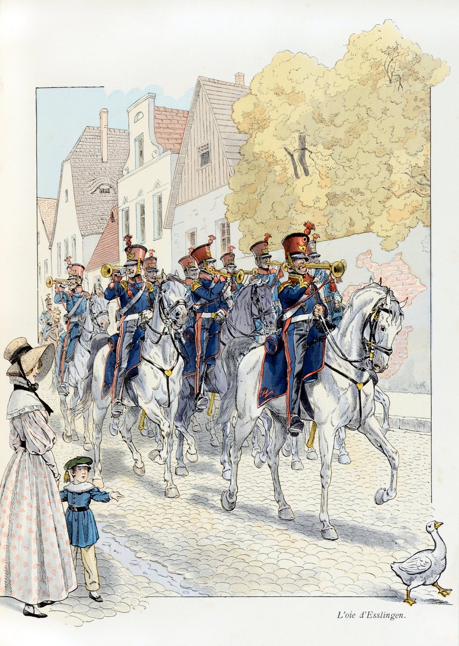 Illusztráció az „A la Glory des Betes” könyvből, A Fabre szövege, Jacques Marie Gaston rajzai Onfray de Breville dit JOB (1858-1931), kiadó Maison Alfred Mame et fils: L’oie d’Esslingen (1833-ban, ezred kabalája, fejben vonul, Gyűjt alkotó: pseudonym for Onfray de Breville Jacques Job