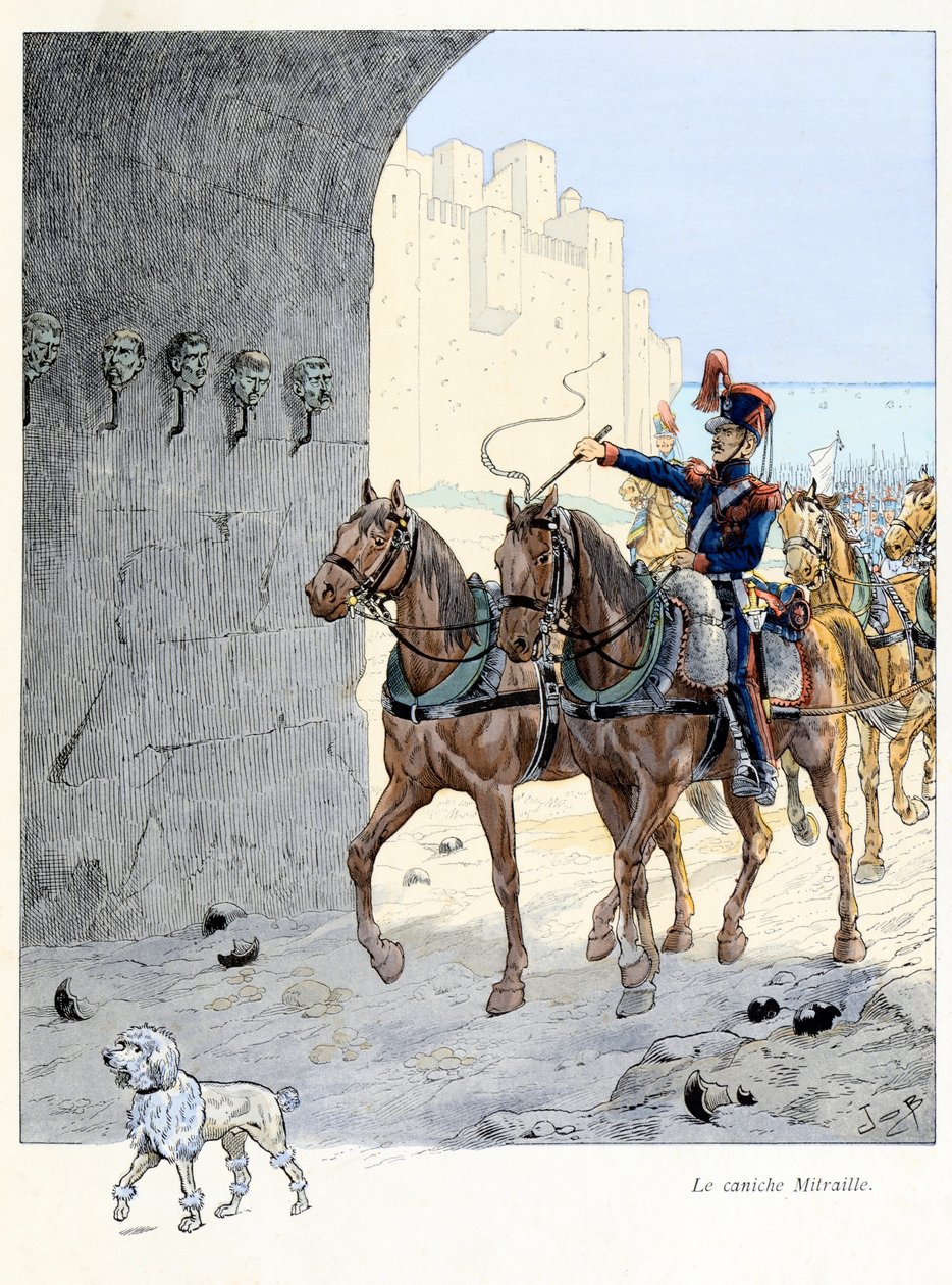 Illusztráció az „A la gloire des betes” könyvből, A Fabre szövege, Jacques Marie Gaston rajzai Onfray de Breville dit JOB (1858-1931), kiadó Maison Alfred Mame et fils: The Mitraille uszkár (egyszerű uszkár a 2. tüzérségben) ezred, ő volt a th alkotó: pseudonym for Onfray de Breville Jacques Job