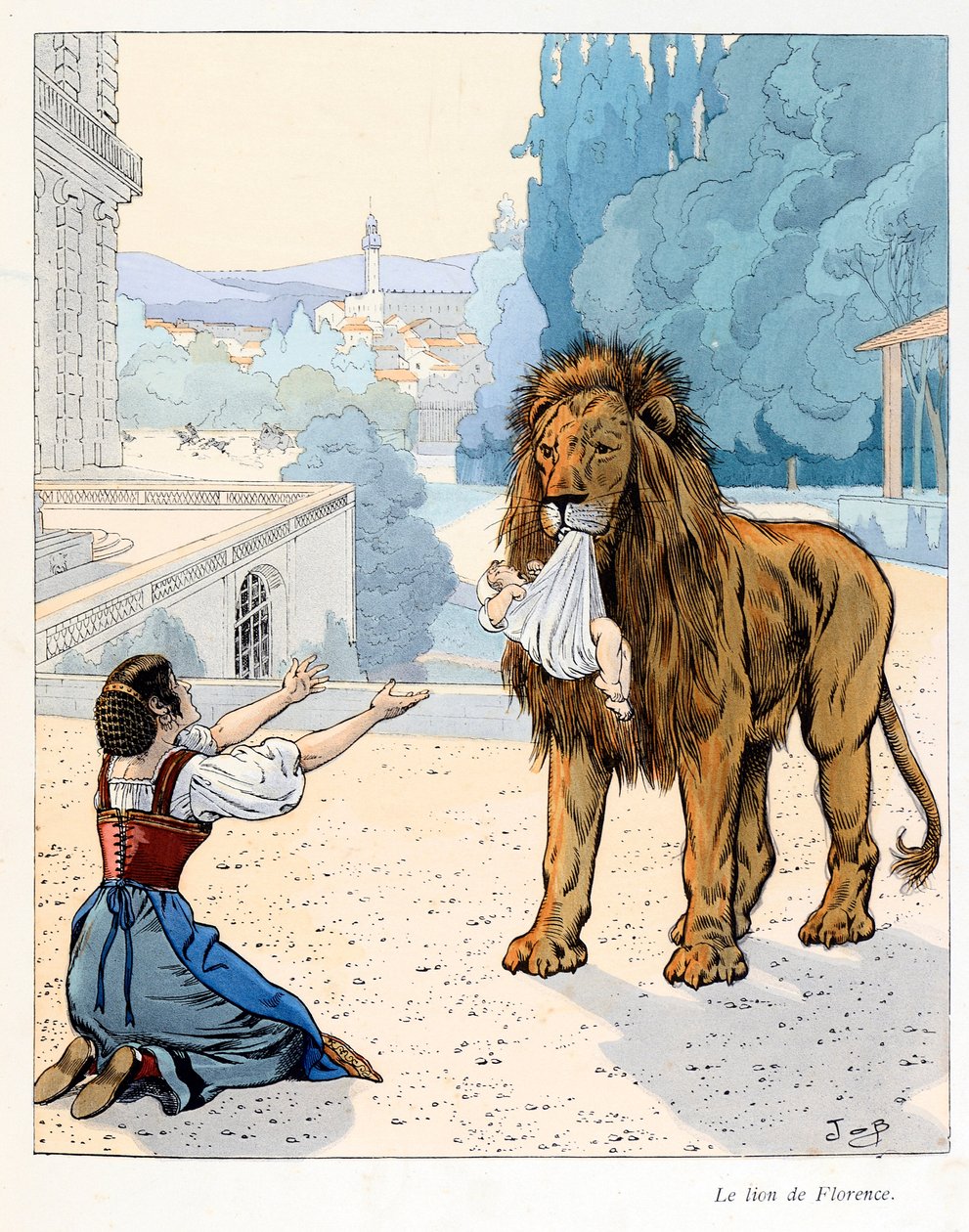 Illusztráció az „A la gloire des betes” könyvből, A Fabre szövege, Jacques Marie Gaston rajzai Onfray de Breville dit JOB (1858-1931), kiadó Maison Alfred Mame és fia: A firenzei oroszlán (menekülés a menazsériából) a firenzei nagyherceg alkotó: pseudonym for Onfray de Breville Jacques Job