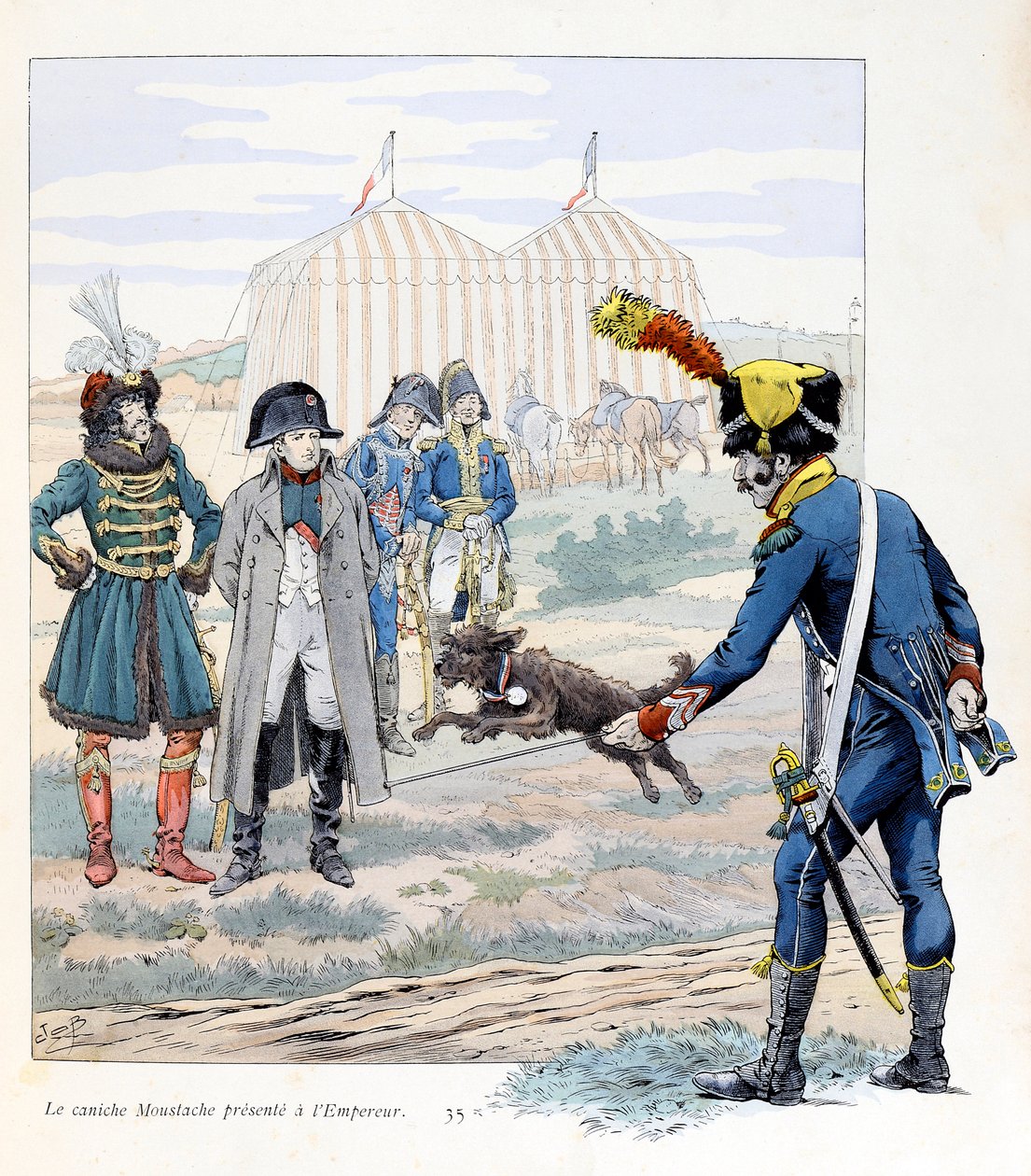 Illusztráció az „A la gloire des betes” című könyvből, A Fabre szövege, Jacques Marie Gaston rajzai Onfray de Breville dit JOB (1858-1931), kiadó Maison Alfred Mame et fils: A császárnak ajándékozott bajuszos uszkár (I. Napóleon) ) (megmentett egy zászlót alkotó: pseudonym for Onfray de Breville Jacques Job