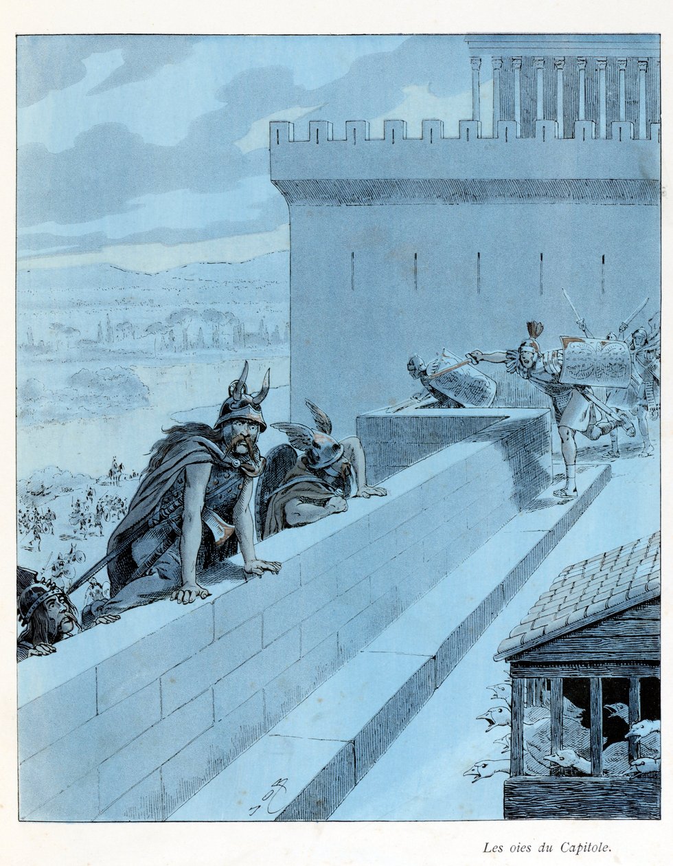 Illusztráció az „A la Glory des Betes” könyvből, A Fabre szövege, Jacques Marie Gaston rajzai Onfray de Breville dit JOB (1858-1931), szerkesztő Maison Alfred Mame et fils: Les goies du Capitole (Kr. e. 890), les Galls Siege Róma, Részleges Gyűjtemény alkotó: pseudonym for Onfray de Breville Jacques Job