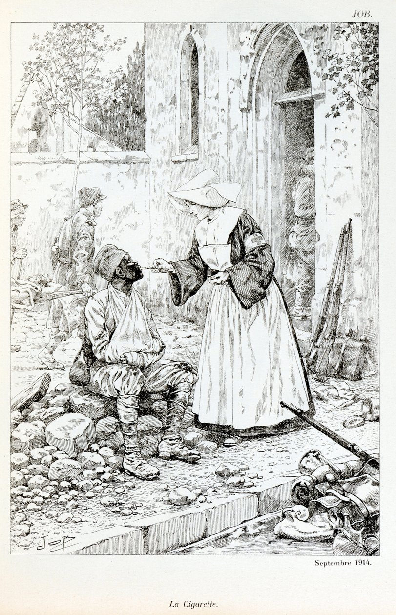 Illusztráció a „La Grande Guerre par les artistes”” című könyvből: „” La cigarette Septembre 1914””” vallási, Jacques Marie Gaston Onfray de Breville dit JOB (1858-1931), részleges gyűjtemény, cigarettát ad egy sebesült katonának alkotó: pseudonym for Onfray de Breville Jacques Job