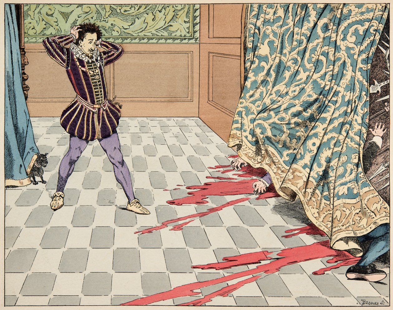 Illusztráció a „Le bon roy Henri” című könyvből, illusztrálta: Jacques Marie Gaston Onfray de Breville dit JOB (1858-1931): Szent Barthelemy napján két barátja, Segur és La Rochefoucauld egorag a szeme előtt - Magángyűjtemény alkotó: pseudonym for Onfray de Breville Jacques Job