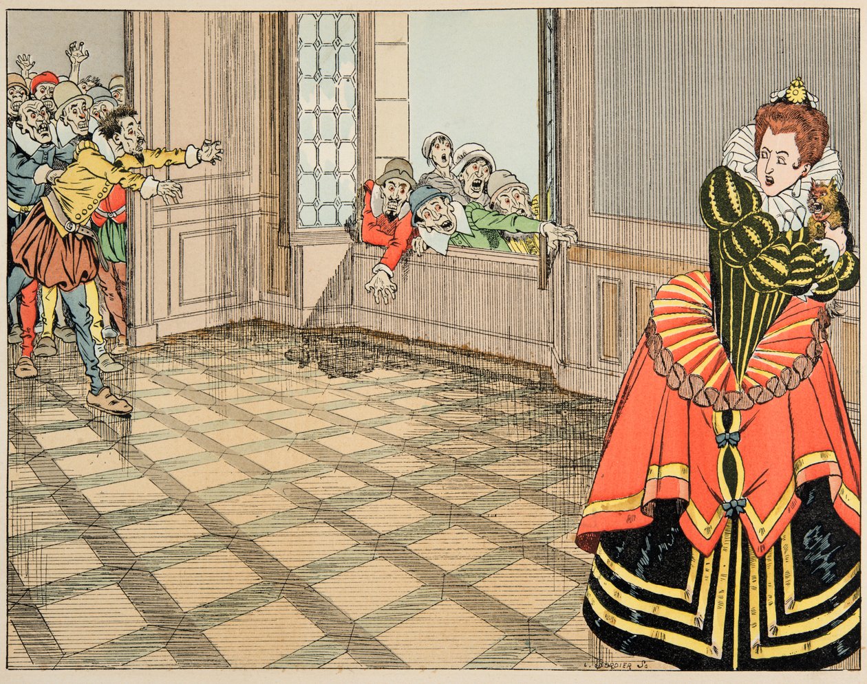 Illusztráció a „Le bon roy Henri” című könyvből, illusztrálta: Jacques Marie Gaston Onfray de Breville dit JOB (1858-1931): Montpensier hercegnője (Catherine de Lorraine alkotó: pseudonym for Onfray de Breville Jacques Job