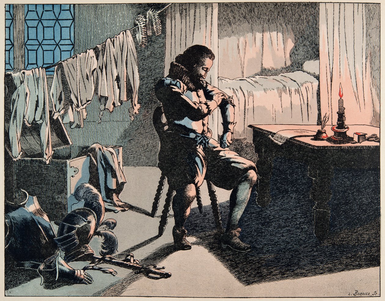 Illusztráció a „Le bon roy Henri” című könyvből, illusztrálta: Jacques Marie Gaston Onfray de Breville dit JOB (1858-1931): 1589-ben Henri Franciaország királya lett, de pénz nélkül - Magángyűjtemény alkotó: pseudonym for Onfray de Breville Jacques Job