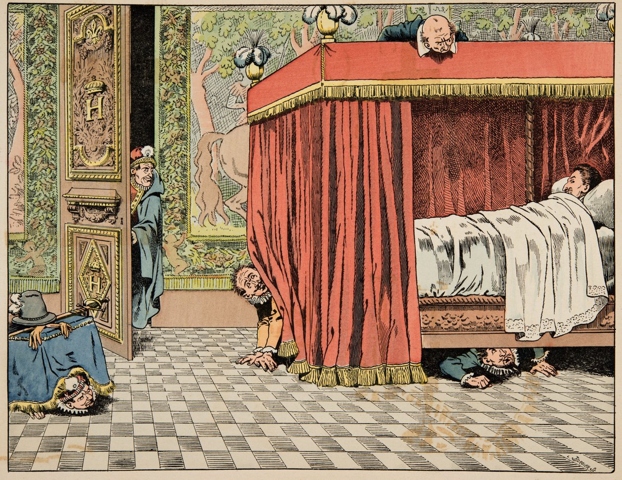Illusztráció a „Le bon roy Henri” könyvből, illusztrálta: Jacques Marie Gaston Onfray de Breville dit JOB (1858-1931): IV. Henrik Párizsban él a kémek szemei alatt - Magángyűjtemény alkotó: pseudonym for Onfray de Breville Jacques Job