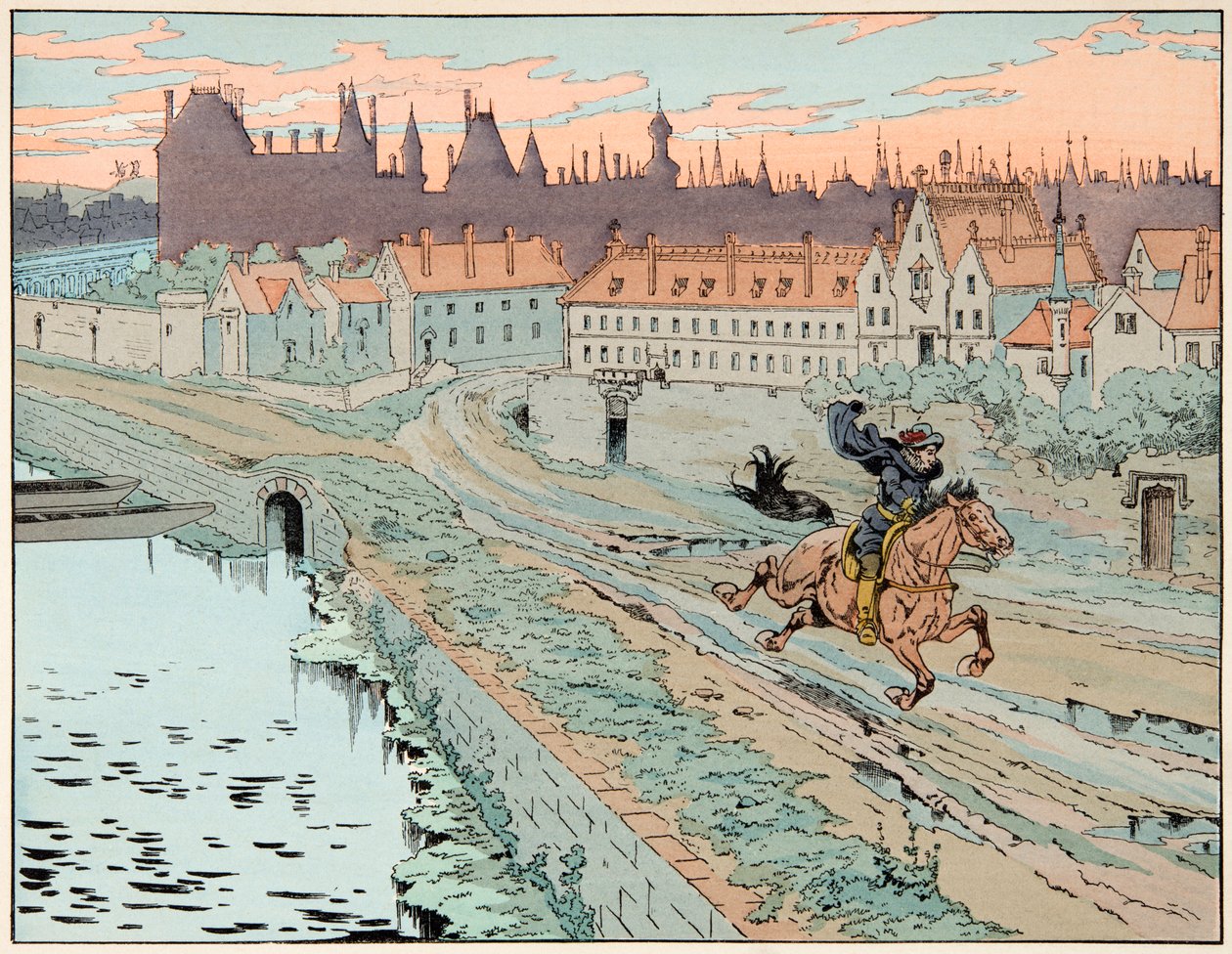 Az illusztráció a „Le bon roy Henri” című könyvből származik, illusztrálta: Jacques Marie Gaston Onfray de Breville dit JOB (1858-1931): 1575-ben IV. Henrik elmenekült Párizsból – Magángyűjtemény alkotó: pseudonym for Onfray de Breville Jacques Job