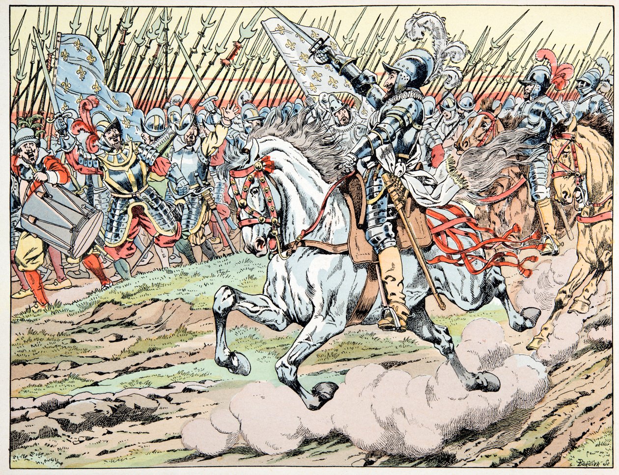 Az illusztráció a „Le bon roy Henri” című könyvből származik, illusztrálta: Jacques Marie Gaston Onfray de Breville dit JOB (1858-1931): IV. Henrik a hadserege előtt: Kövesd a mon plume blanc-t - Magángyűjtemény alkotó: pseudonym for Onfray de Breville Jacques Job
